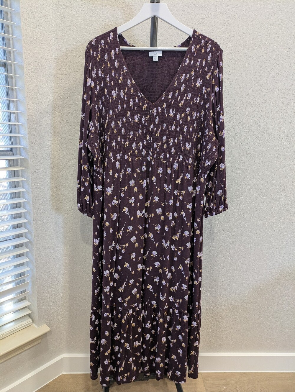 J. Jill Tiered Flounced Hem Floral Midi Dress 3X Floral Smocked Bodice V Neck - Picture 2 of 12